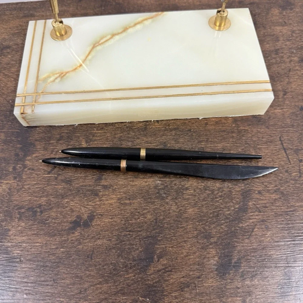 Sheaffer‎ Vintage Green Marble Double Ball Pen Pen Desk Set Made In Pakistan